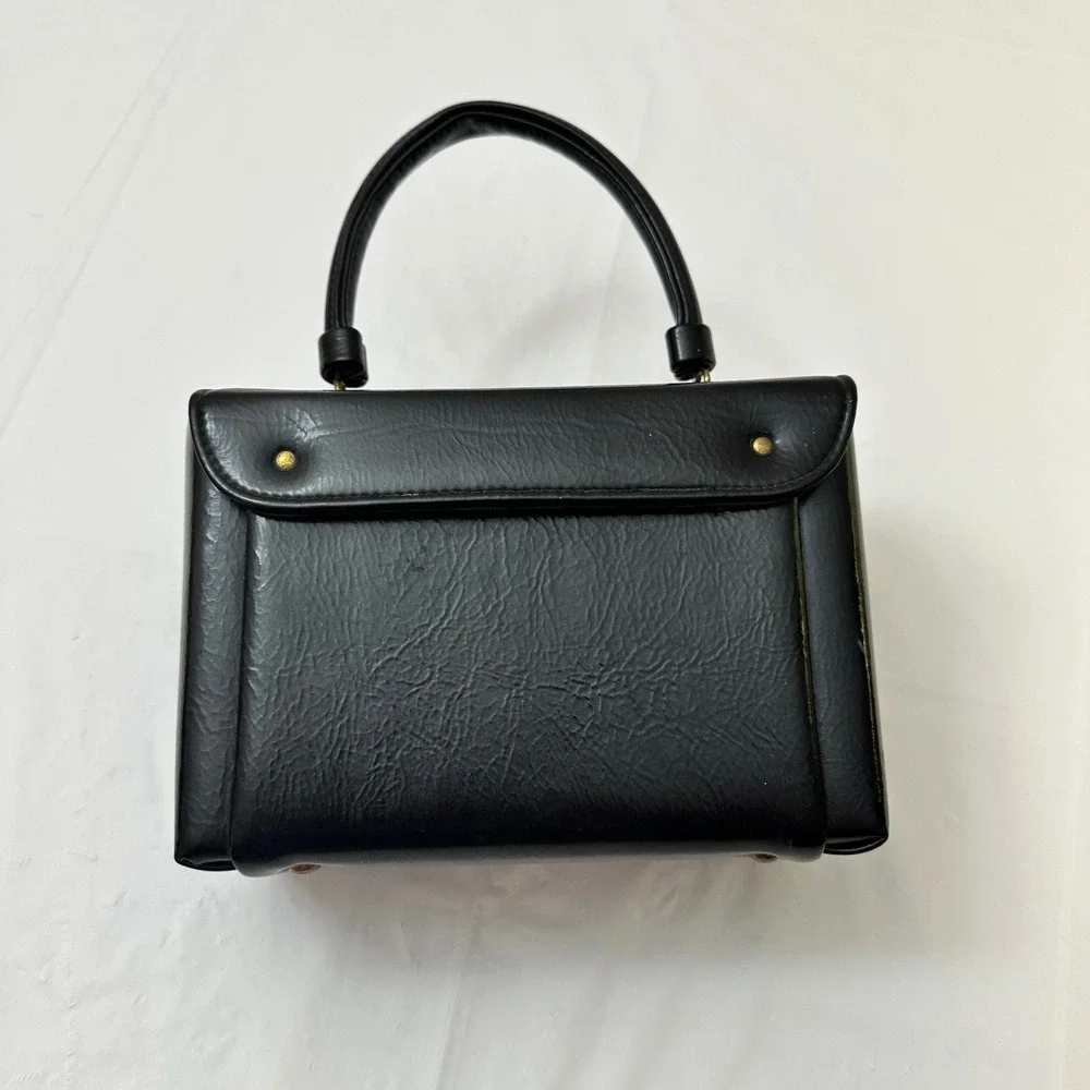 Vintage Black Faux Leather Top‎ Handle Handbag Structured Satchel Gold Clasp